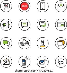 line vector icon set - bow message vector, stop road sign, phone, opened mail, loudspeaker, chat, envelope, dialog, open, pawn, dollar, mobile, wireless