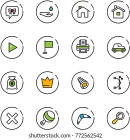 line vector icon set - bow message vector, drop hand, home, play, flag, printer, car, money bag, crown, shell, bezier, delete, beanbag, boomerang