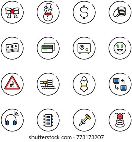 line vector icon set - bow vector, snowman, dollar sign, coin, cash, credit card, safe, smile, wild animals road, pool, swimsuit, data exchange, wireless headphones, chip, nail dowel, pyramid toy