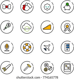 line vector icon set - bow vector, gloves, virus, piggy bank, money torch, refresh cloud, stairs, star medal, microphone, lifebuoy, plane, server, saw, hammer, rivet, game console