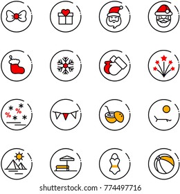 line vector icon set - bow vector, gift, santa claus, christmas sock, snowflake, gloves, firework, sale, flag garland, coconut cocktail, lounger, pyramid, inflatable pool, swimsuit, ball