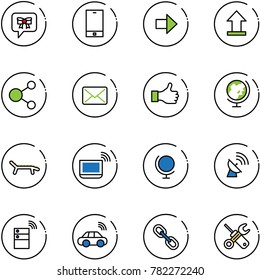 line vector icon set - bow message vector, phone, right arrow, uplooad, share, mail, like, globe, lounger, notebook wi fi, satellite antenna, server wireless, car, link, wrench screwdriver
