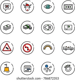 line vector icon set - bow message vector, christmas deer hat, eye, dollar, cash, euro, credit card, multi lane traffic road sign, no left turn, rainbow, cabrio, sand castle, terms plan, molecule