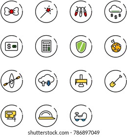 line vector icon set - bow vector, Magic wand, garland, money rain, credit card, calculator, shield, moon flag, kayak, cloud exchange data, milling cutter, shovel, jig saw, construction helmet