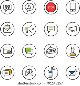 line vector icon set - bow message vector, merry christmas, stop road sign, phone, opened mail, loudspeaker, chat, envelope, dialog, open, pawn, dollar, mobile, wireless