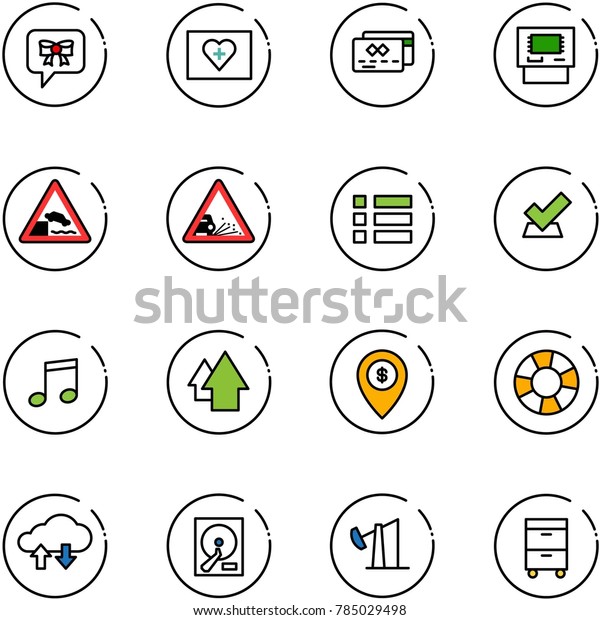 line vector icon set - bow message vector, first\
aid kit, credit card, atm, embankment road sign, gravel, menu,\
check, music, arrow up, map pin, lifebuoy, cloud exchange data,\
hdd, oil derrick