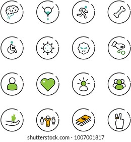 line vector icon set - brain vector, bladder, run, broken bone, disabled, virus, investment, user, heart, idea, group, hand sproute, team leader, dollar, victory
