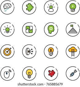 line vector icon set - brain vector, puzzle, idea, bulb, work, pyramid flag, target, solution, business, cloud ladder, mouse wireless, dart