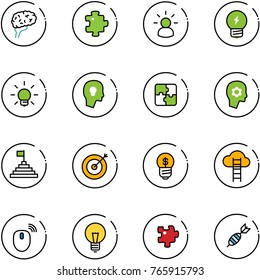 line vector icon set - brain vector, puzzle, idea, bulb, head, work, pyramid flag, target, business, cloud ladder, mouse wireless, dart