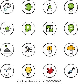 line vector icon set - brain vector, puzzle, idea, bulb, head, work, pyramid flag, solution, business, cloud ladder, mouse wireless, dart