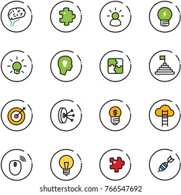 line vector icon set - brain vector, puzzle, idea, bulb, head, pyramid flag, target, solution, business, cloud ladder, mouse wireless, dart