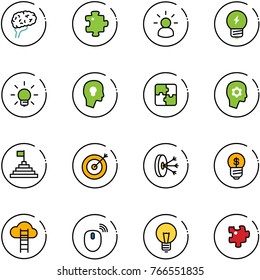 line vector icon set - brain vector, puzzle, idea, bulb, head, work, pyramid flag, target, solution, business, cloud ladder, mouse wireless