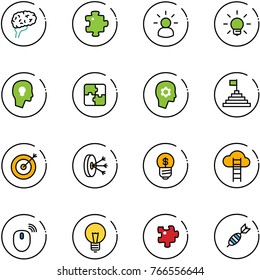 line vector icon set - brain vector, puzzle, idea, bulb, head, work, pyramid flag, target, solution, business, cloud ladder, mouse wireless, dart