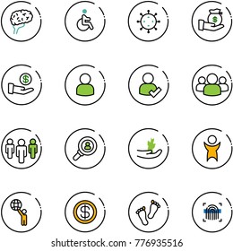 line vector icon set - brain vector, disabled, virus, investment, user, check, group, head hunter, hand sproute, success, world, dollar, feet, fingerprint scanner