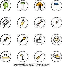 line vector icon set - brain work vector, cloud ladder, hammer, bucksaw, wrench, screwdriver, nail dowel, wood drill, welding, gear, construction helmet, allen key, awl, excavator toy