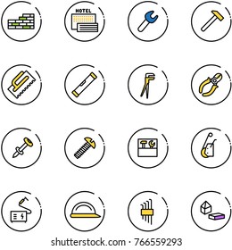 line vector icon set - brick wall vector, sea hotel, wrench, hammer, trowel, level, plumber, side cutters, nail dowel, screw, tool box, winch, welding, construction helmet, allen key set