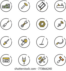 line vector icon set - brick wall vector, hammer, bucksaw, jointer, chisel, wrench, nut, nail dowel, clinch, Angular grinder, rake, sickle, generator, winch, toy