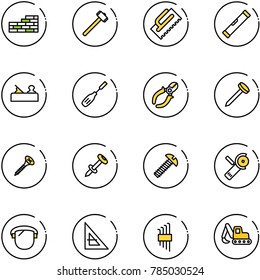line vector icon set - brick wall vector, sledgehammer, trowel, level, jointer, chisel, side cutters, nail, screw, dowel, Angular grinder, protect glass, corner ruler, allen key set, excavator toy