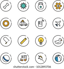 line vector icon set - broken bone vector, sun, weight, money managemet, car baggage, server wireless, plane, fretsaw, ruler, bulb, duck toy, ball, train, unicorn stick, basketball