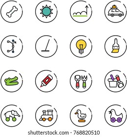 line vector icon set - broken bone vector, sun, growth, car baggage, bezier, rake, bulb, brush, crocodile, marker, shovel fork toy, bucket, elephant wheel, train, duck