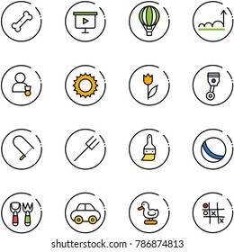 line vector icon set - broken bone vector, presentation board, air balloon, growth, winner, sun, tulip, piston, fretsaw, farm fork, brush, ball, shovel toy, car, duck, Tic tac toe