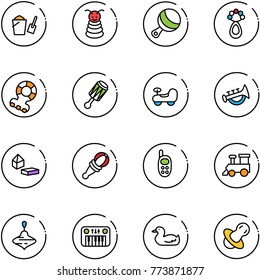 line vector icon set - bucket scoop vector, pyramid toy, beanbag, teethers, baby car, horn, constructor blocks, phone, train, wirligig, piano, duck, soother