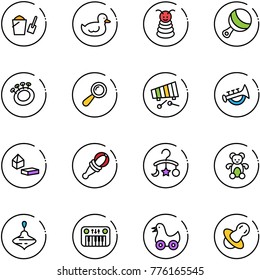line vector icon set - bucket scoop vector, duck toy, pyramid, beanbag, xylophone, horn, constructor blocks, baby carousel, bear, wirligig, piano, soother