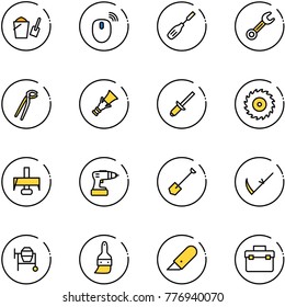 line vector icon set - bucket scoop vector, mouse wireless, chisel, wrench, plumber, dowel, clinch, saw disk, milling cutter, drill, shovel, scythe, cocncrete mixer, brush, work knife, tool box