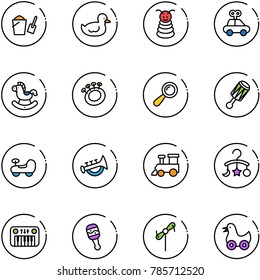 line vector icon set - bucket scoop vector, duck toy, pyramid, car, rocking horse, beanbag, baby, horn, train, carousel, piano, windmill