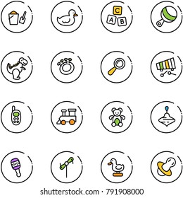 line vector icon set - bucket scoop vector, duck toy, abc cube, beanbag, dinosaur, xylophone, phone, train, bear, wirligig, windmill, soother
