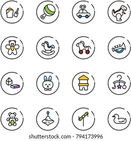 line vector icon set - bucket scoop vector, beanbag, car toy, dinosaur, bear, rocking horse, wheel, horn, constructor blocks, rabbit, block house, baby carousel, wirligig, windmill, duck