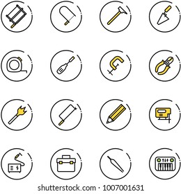 line vector icon set - bucksaw vector, fretsaw, mason hammer, trowel, measuring tape, chisel, clamp, side cutters, wood drill, metal hacksaw, pencil, jig saw, welding, tool box, forceps, toy piano