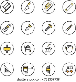 line vector icon set - bucksaw vector, trowel, level, bolt cutter, nail dowel, screw, drill, crown, cocncrete mixer, welding, protect glass, corner ruler, laser lever, allen key set, toy train