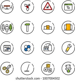 line vector icon set - cafe vector, holly, wild animals road sign, cursor browser, group, work, pedestal, doors, terms plan, atom core, plant, wrench, scissors, rake, abc cube, bear toy