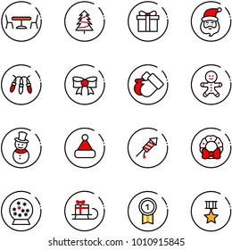 line vector icon set - cafe vector, christmas tree, gift, santa claus, garland, bow, gloves, cake man, snowman, hat, firework rocket, wreath, snowball, sleigh, gold medal, star
