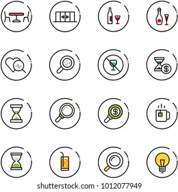 line vector icon set - cafe vector, automatic doors, wine, heart diagnosis, bacteria, no alcohol sign, account history, sand clock, magnifier, search money, green tea, drink, bulb