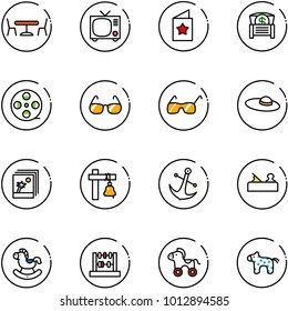 line vector icon set - cafe vector, tv, star postcard, money chest, film coil, sunglasses, woman hat, photo, ship bell, anchor, jointer, rocking horse, abacus, wheel, toy