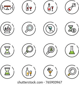 line vector icon set - cafe vector, wine, champagne, snowball house, bacteria, no alcohol sign, account history, sand clock, magnifier, head hunter, flask, drink