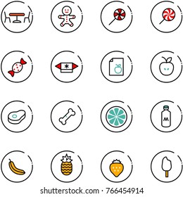 line vector icon set - cafe vector, cake man, lollipop, candy, diet list, apple, meat, broken bone, lemon slice, milk, banana, pineapple, strawberry, ice cream