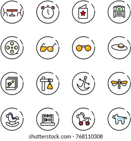 line vector icon set - cafe vector, alarm clock, star postcard, money chest, film coil, sunglasses, woman hat, photo, ship bell, anchor, dragonfly, rocking horse, abacus, wheel, toy
