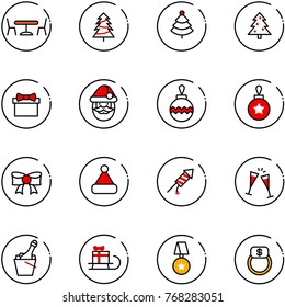line vector icon set - cafe vector, christmas tree, gift, santa claus, ball, bow, hat, firework rocket, wine glasses, champagne, sleigh, star medal, finger ring