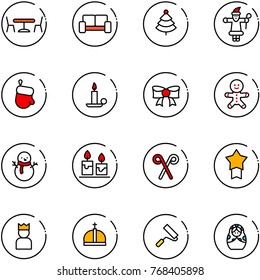 line vector icon set - cafe vector, vip waiting area, christmas tree, santa claus, glove, candle, bow, cake man, snowman, stick, star medal, king, crown, paint roller, russian doll
