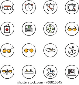 line vector icon set - cafe vector, alarm clock, phone, tv, star postcard, money chest, film coil, sunglasses, woman hat, anchor, dragonfly, jointer, rocking horse, abacus