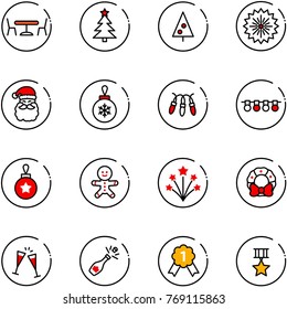 line vector icon set - cafe vector, christmas tree, firework, santa claus, ball, garland, cake man, wreath, wine glasses, champagne, gold medal, star