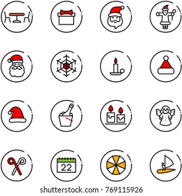 line vector icon set - cafe vector, gift, santa claus, snowflake, candle, christmas hat, champagne, angel, stick, calendar, parasol, windsurfing