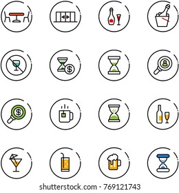 line vector icon set - cafe vector, automatic doors, wine, champagne, no alcohol sign, account history, sand clock, head hunter, search money, green tea, drink, beer