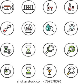 line vector icon set - cafe vector, automatic doors, wine, champagne, snowball house, blood test, bacteria, account history, sand clock, magnifier, search money, green tea, drink