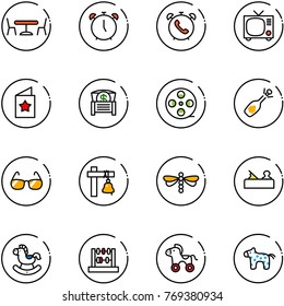 line vector icon set - cafe vector, alarm clock, phone, tv, star postcard, money chest, film coil, fizz opening, sunglasses, ship bell, dragonfly, jointer, rocking horse, abacus, wheel, toy