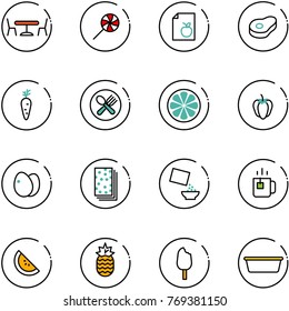 line vector icon set - cafe vector, lollipop, diet list, meat, carrot, fork spoon plate, lemon slice, sweet pepper, eggs, breads, cereal, green tea, watermelone, pineapple, ice cream, basin
