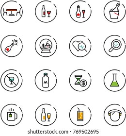 line vector icon set - cafe vector, wine, champagne, snowball house, heart diagnosis, bacteria, no alcohol sign, milk, account history, flask, green tea, drink, protect glass